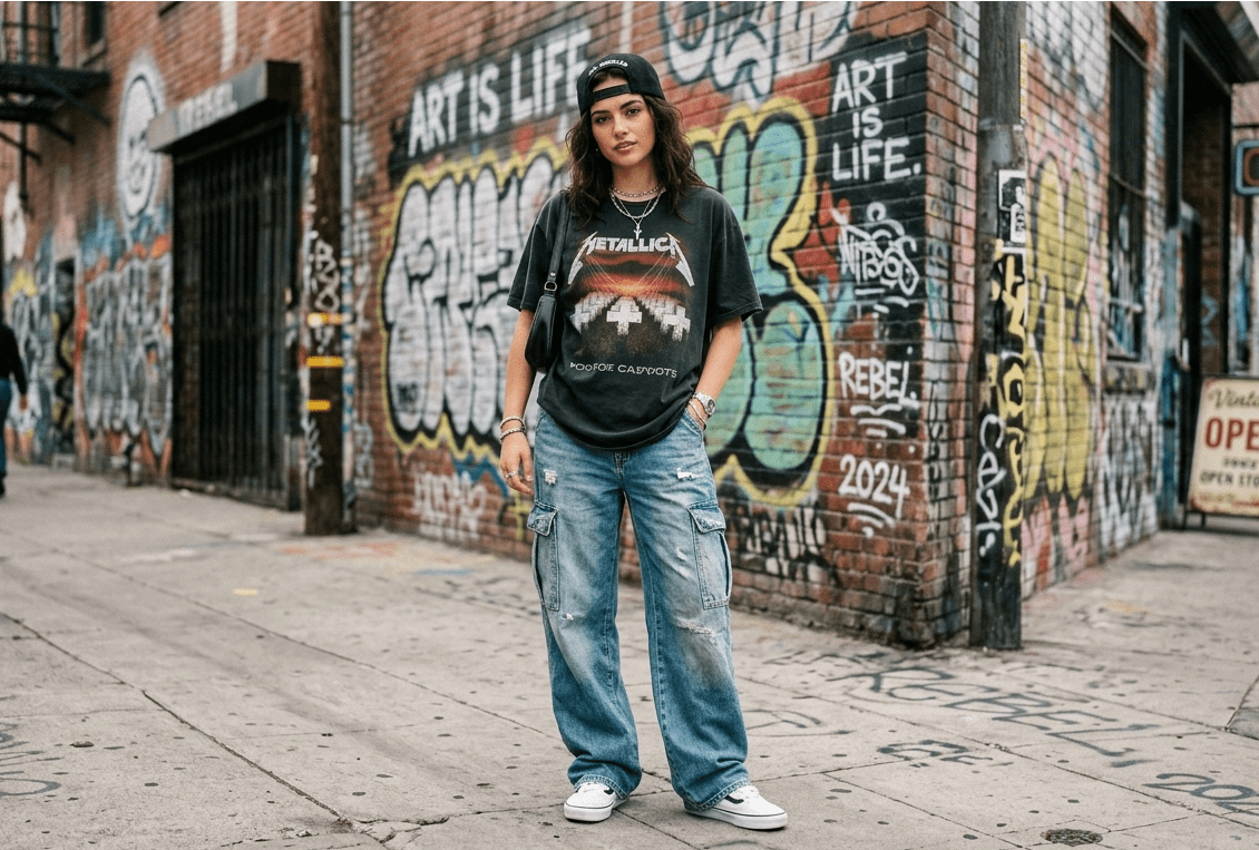Hero / After H1 Full skater girl outfit, street setting Skater girl outfit with graphic tee, baggy cargo pants and white Vans on a city street High Full-body shot of a young woman wearing an oversized vintage band tee tucked loosely into wide-leg light-wash cargo pants, white low-top Vans, layered silver necklaces, and a black snapback. Urban street background with concrete and graffiti wall. Soft natural daylight. Editorial fashion photography style. 16:9 aspect ratio. photorealistic, high resolution, fashion editorial style