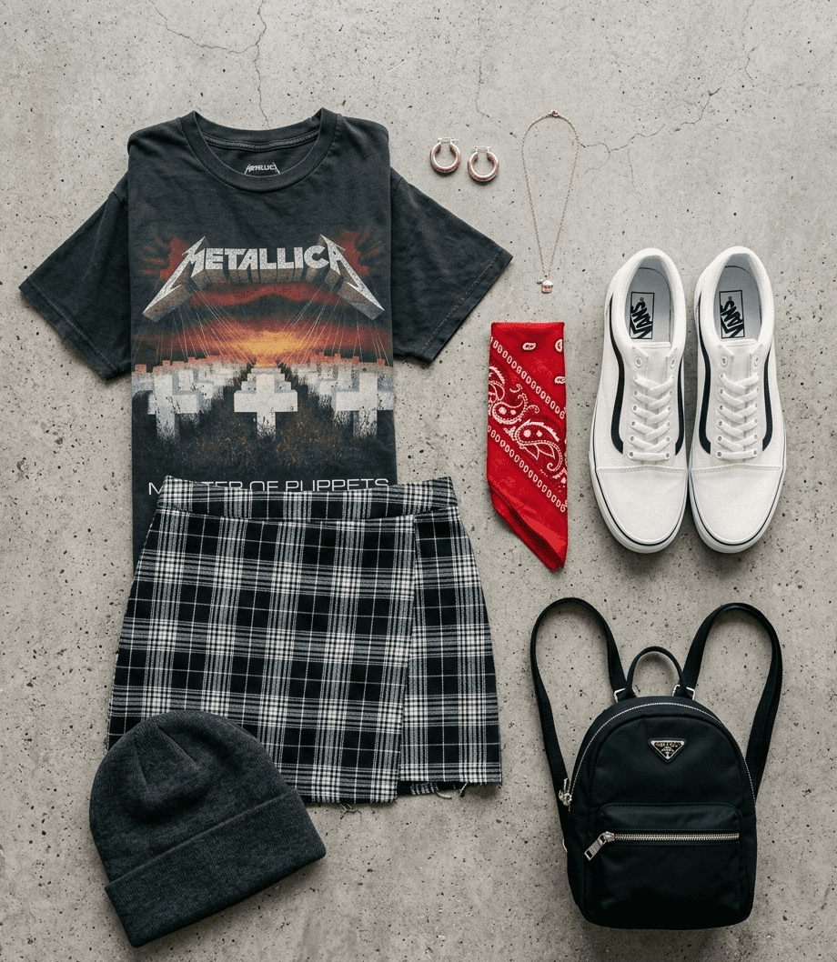 Skater girl clothes flat lay including graphic tee, plaid mini skirt, Vans and bandana