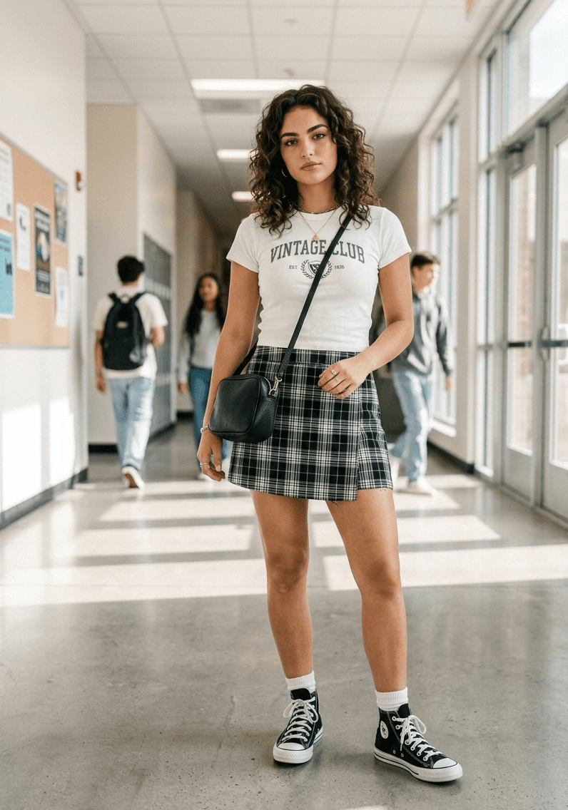Cute skater girl outfit for school with plaid skirt graphic tee and Converse