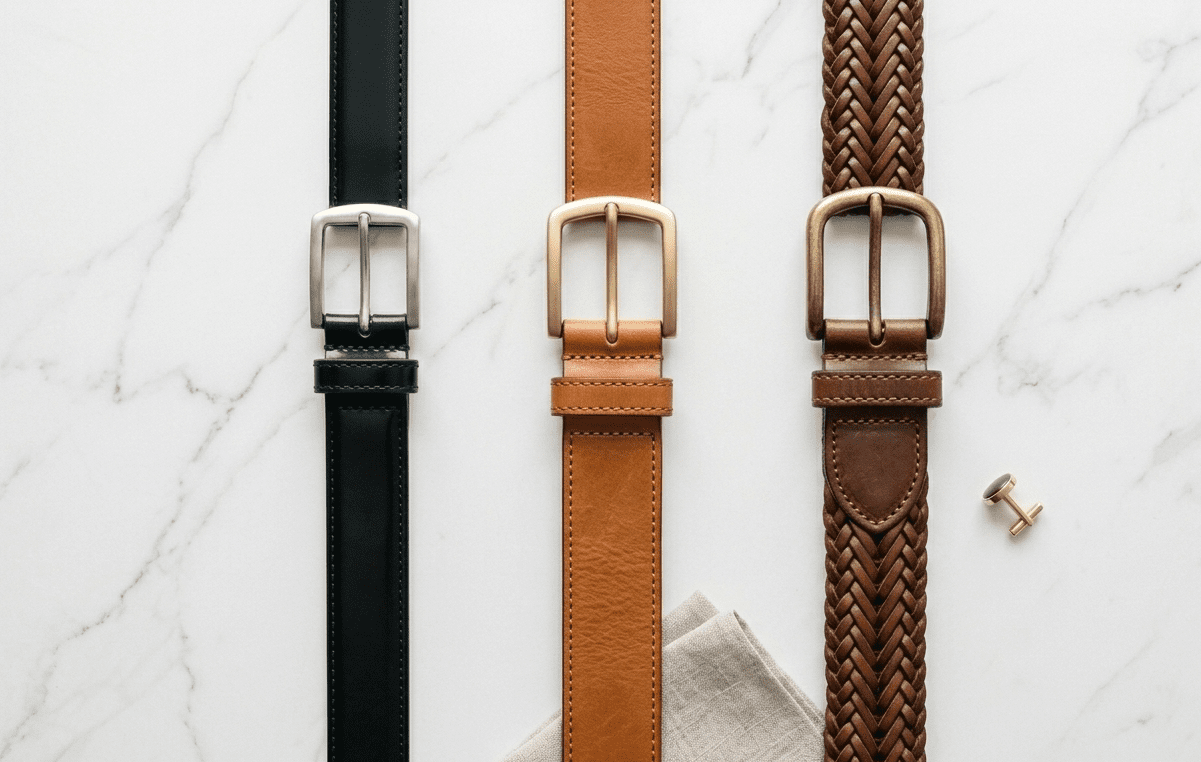 How to Choose a Belt for Men: The Complete Guide Three men's belts laid flat showing dress, smart casual, and casual styles for different occasions