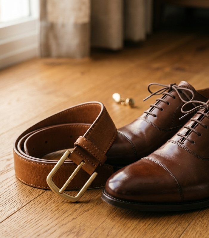 Brown full-grain leather belt matched with brown leather Oxford shoes showing correct leather and color coordination
