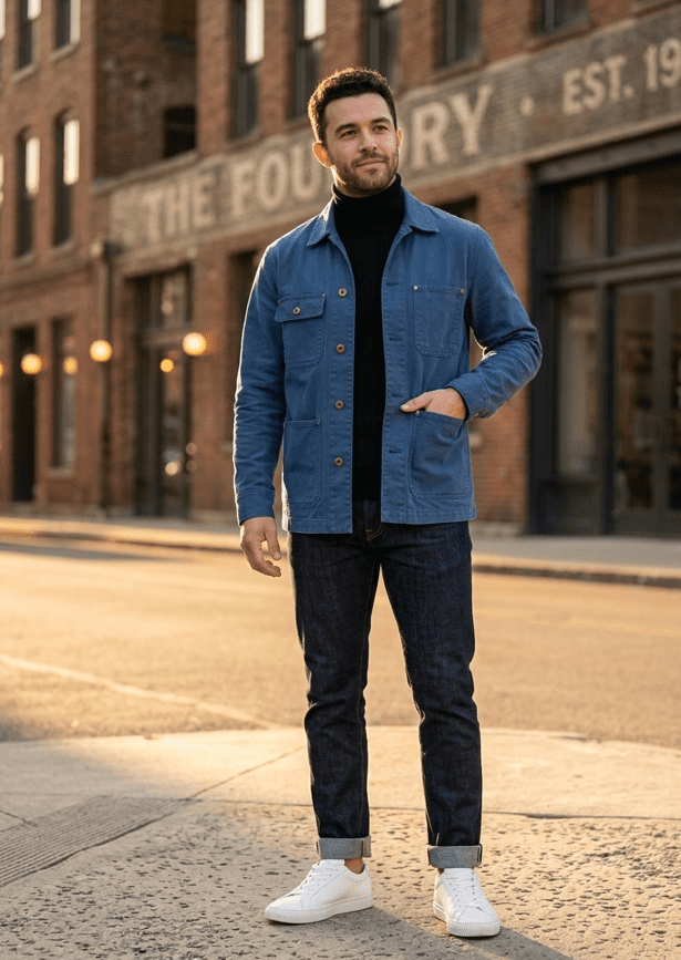Short men style tip: chore coat layered over slim black turtleneck