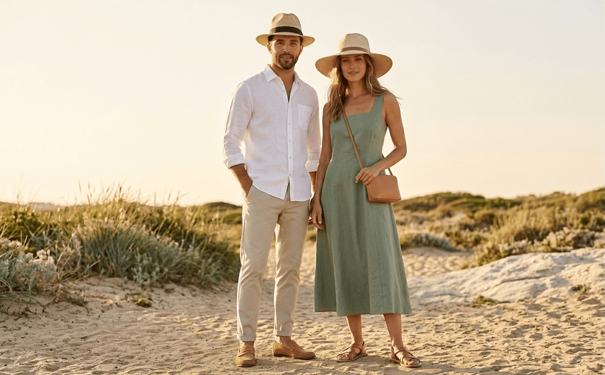 How to Wear a Panama Hat: Outfit Ideas for Men and Women Man and woman wearing Panama hats in smart-casual summer outfits