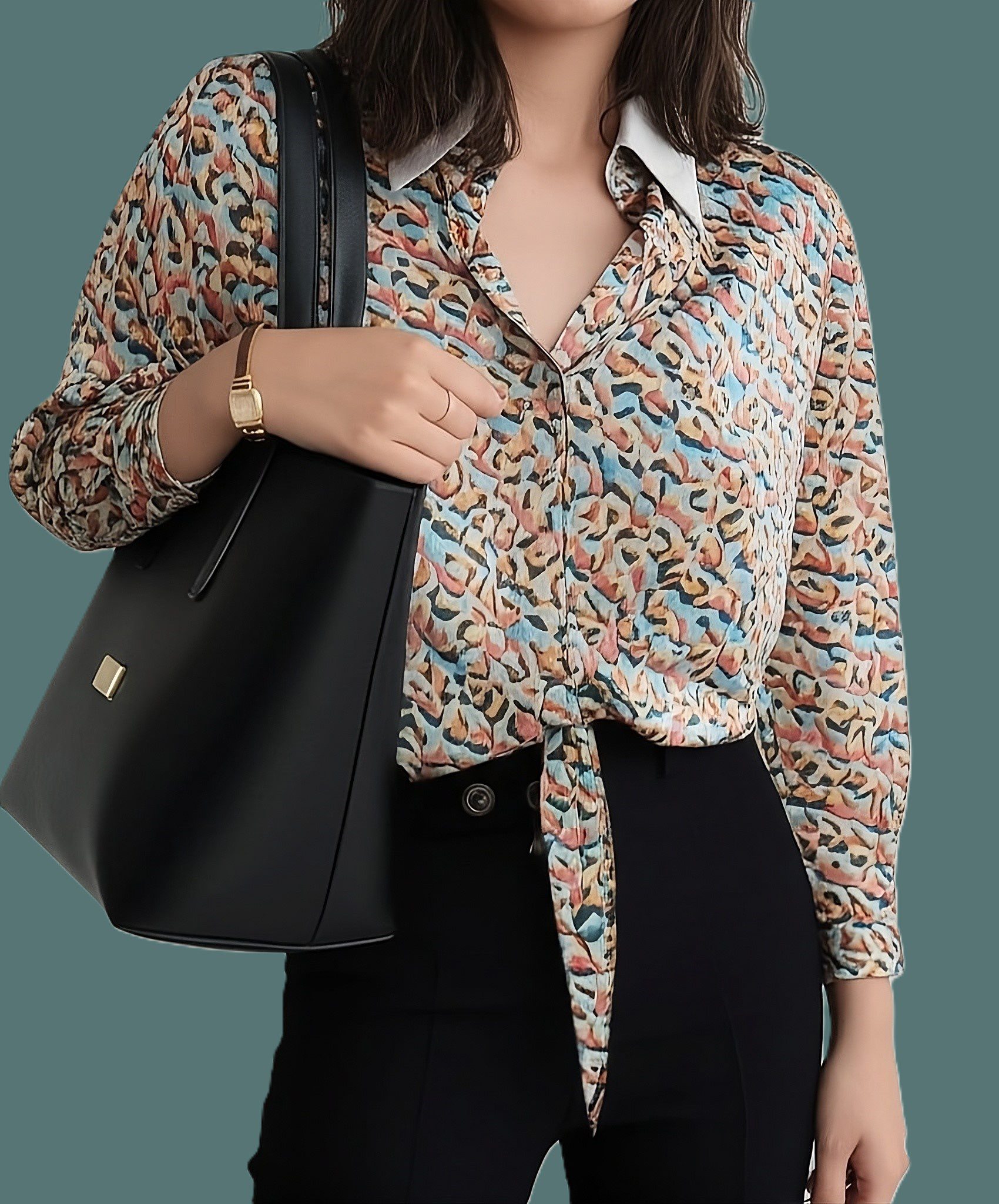 Outfit Idea 1: Printed Silk Blouse + Black Trousers