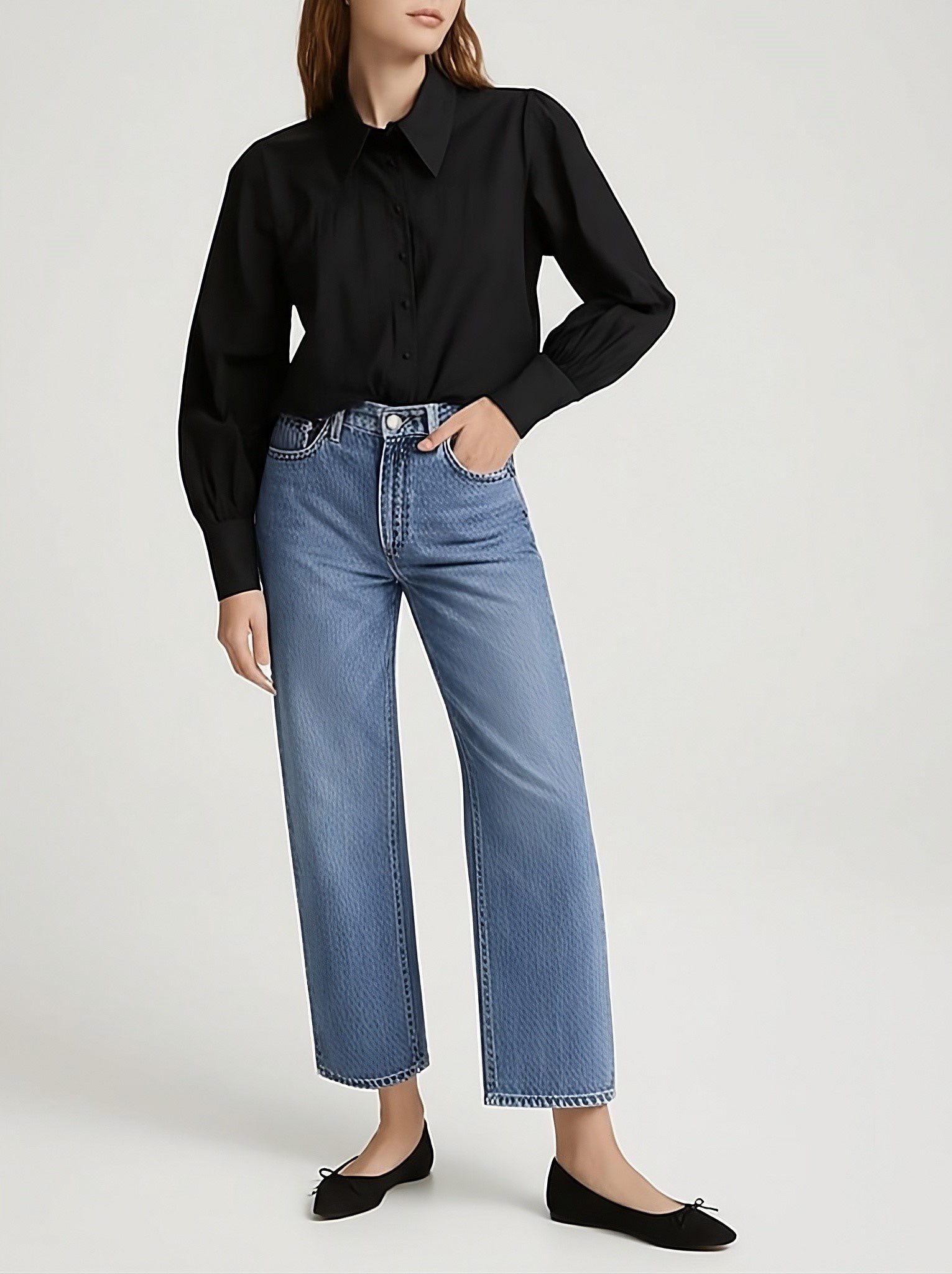 Outfit Idea 3: Peter Pan Collar Shirt + High-Waisted Jeans